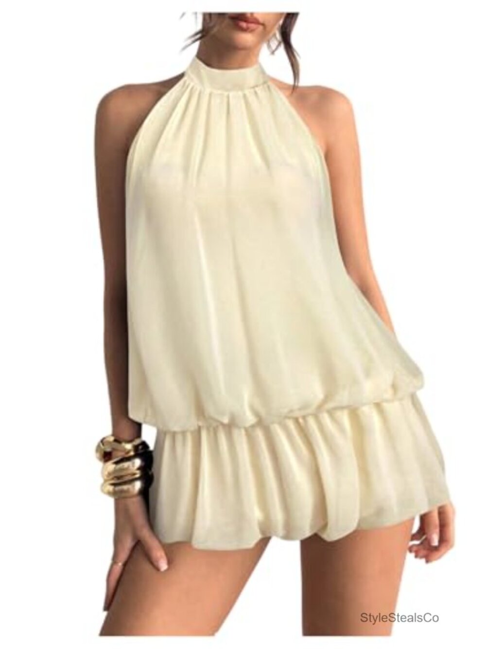 Women's Halter Neck Bubble Mini Dress Ruffle Tiered Sleeveless Party